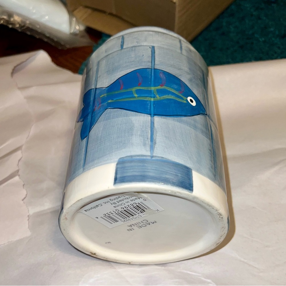 September Inc. Hand Painted Ceramic Nautical Blue Art Deco Jar W/ Lid Vintage - Picture 8 of 12